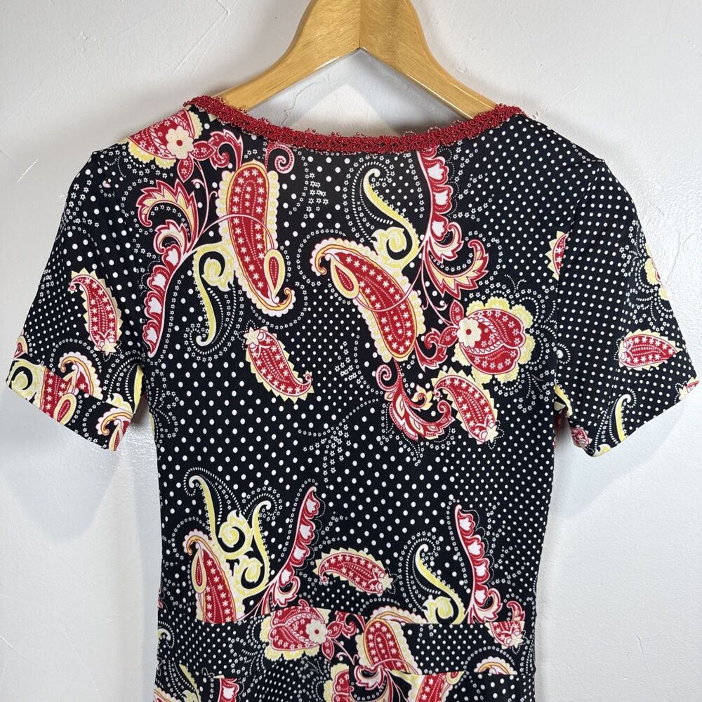 Paisley Floral Dress Retro Rock A Billy Colorful Size XS? Faux Wrap - Picture 7 of 9